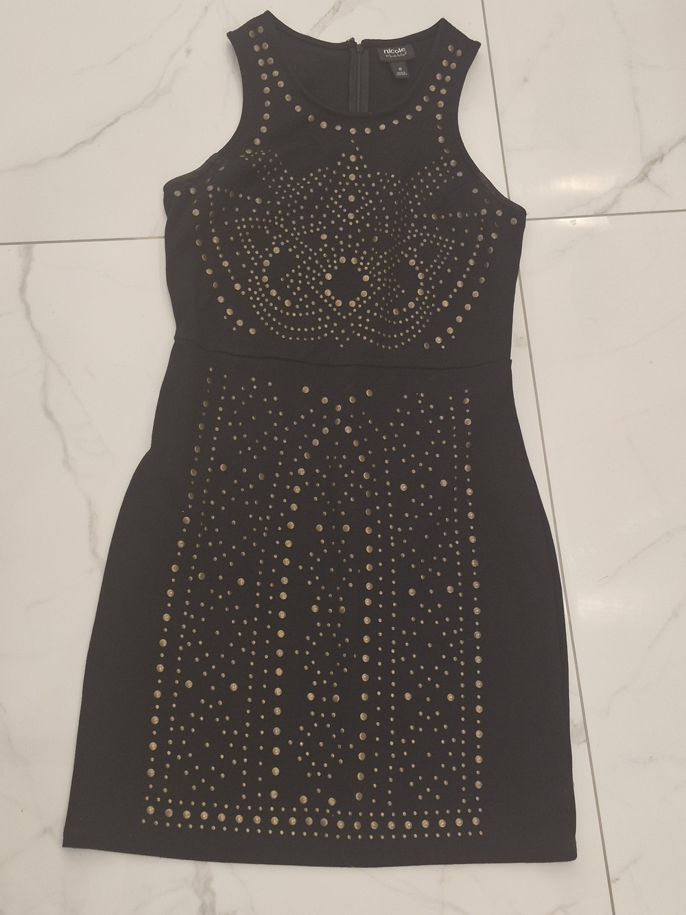 Sleeveless Black Mini Dress with Gold Stud Embellishments